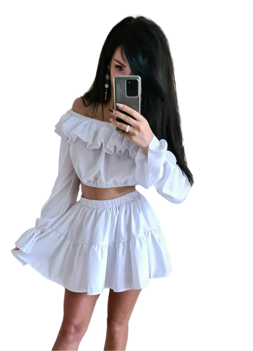 Women White Ryusha Suit Off Shoulder Top with Ruffles and Skirt-Shorts