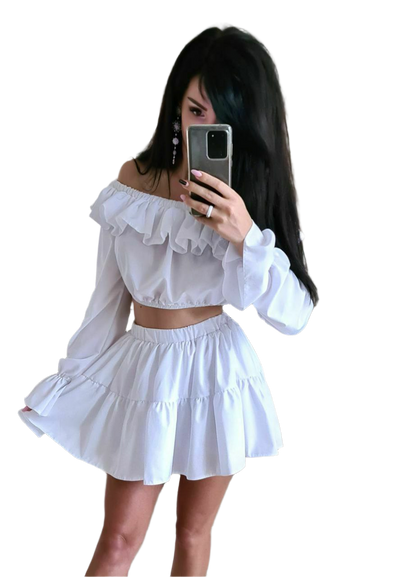 Women White Ryusha Suit Off Shoulder Top with Ruffles and Skirt-Shorts