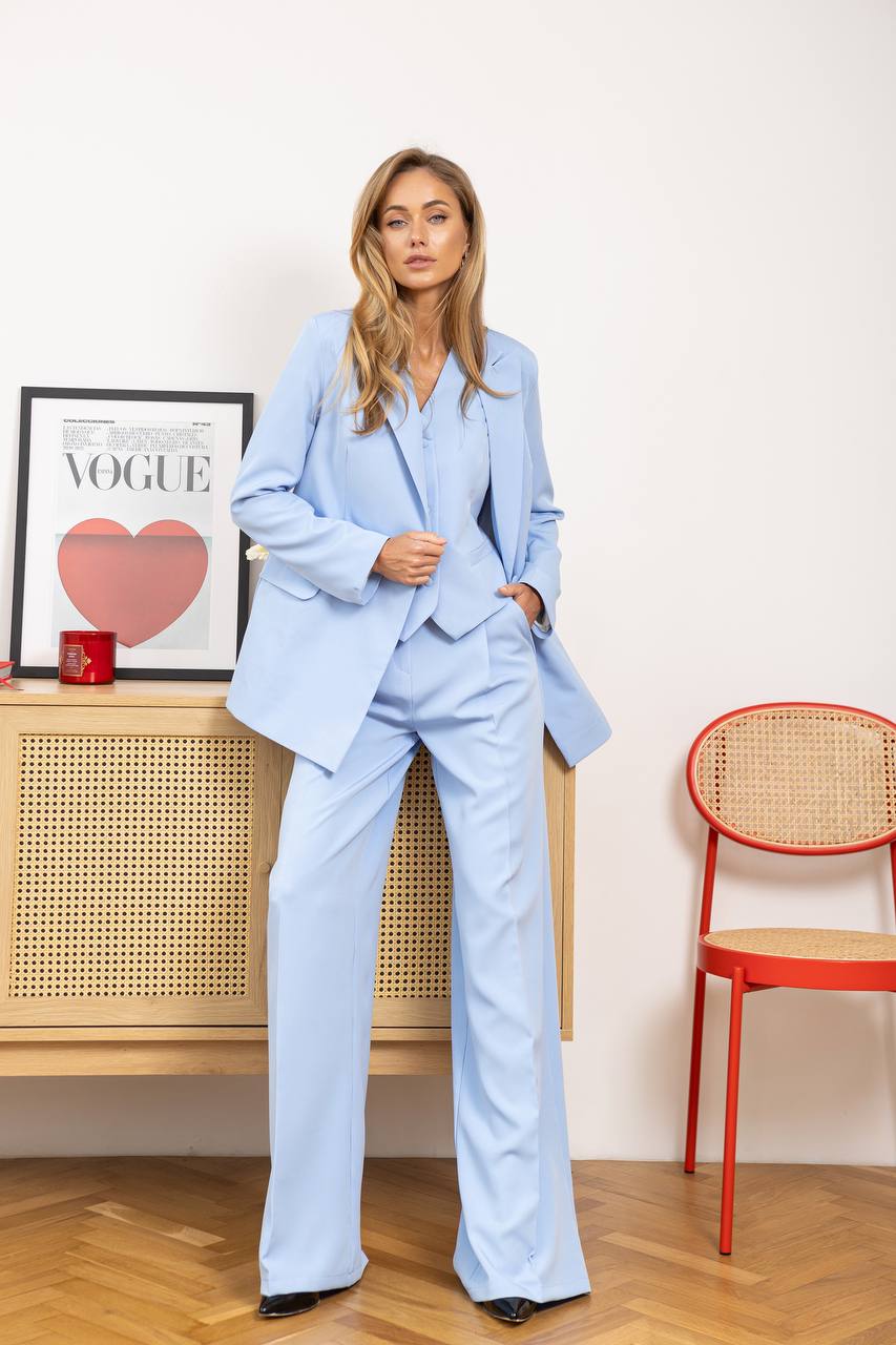 Women Three Piece Suit Sky Blue Diagonal Crepe Lined Vest Jacket Trousers
