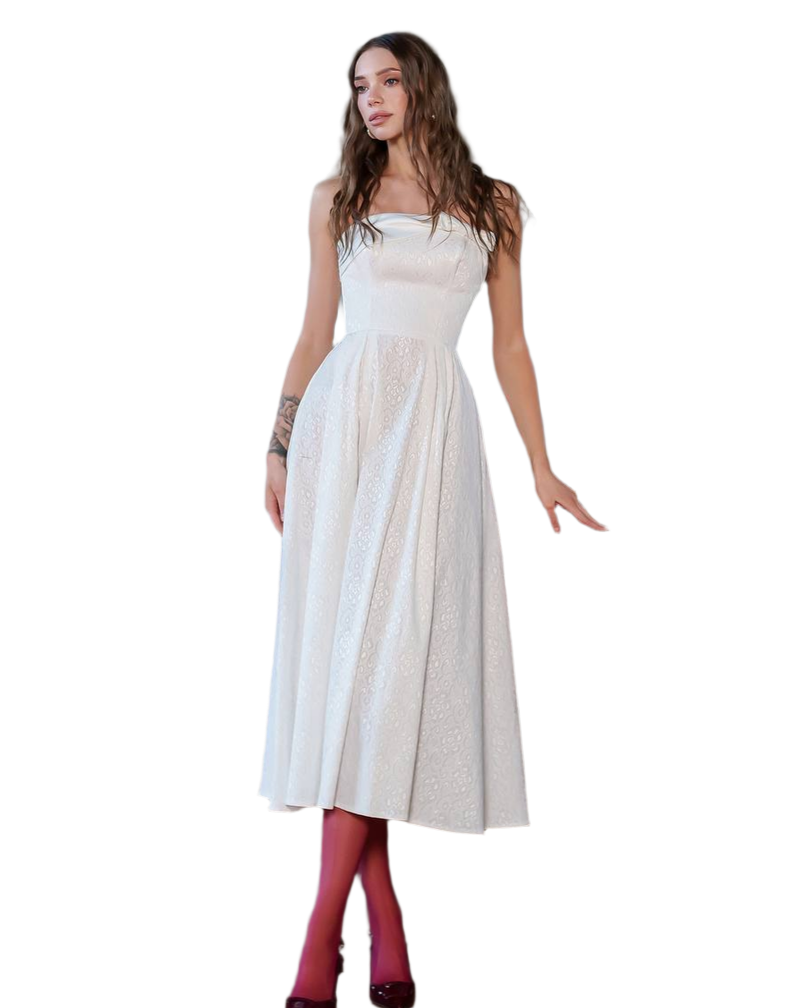 Elegant Corset Dress with Bow in Jacquard Cotton and Satin Insert