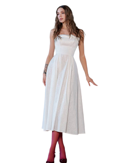 Elegant Corset Dress with Bow in Jacquard Cotton and Satin Insert