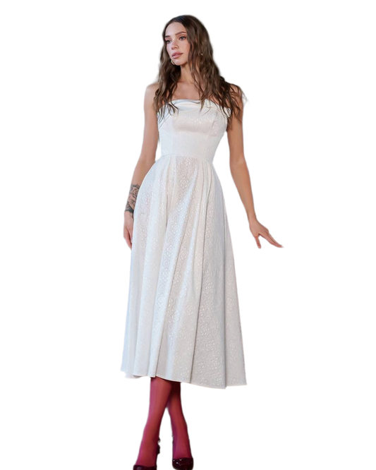 Elegant Corset Dress with Bow in Jacquard Cotton and Satin Insert