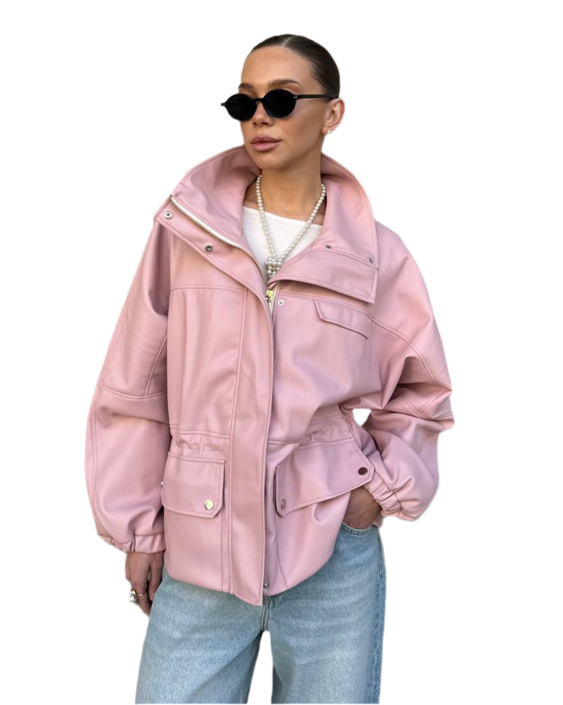 Womens Oversized Matte Eco Leather Jacket with Stand Collar and Pockets