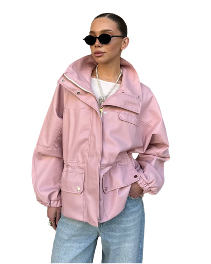 Womens Oversized Matte Eco Leather Jacket with Stand Collar and Pockets