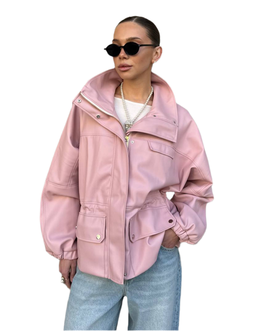 Womens Oversized Matte Eco Leather Jacket with Stand Collar and Pockets