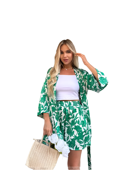 Lightweight Summer Two-Piece Suit with Trendy Green Leaf Print