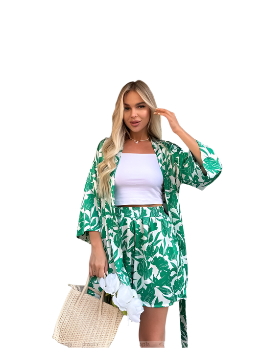 Lightweight Summer Two-Piece Suit with Trendy Green Leaf Print