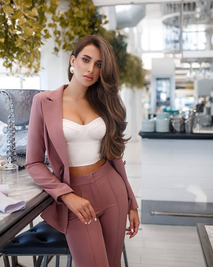 Brown Women Jacket Pants Suit Pantsuit Chic Oficial interview Elegant Cocktail Prom Graduation