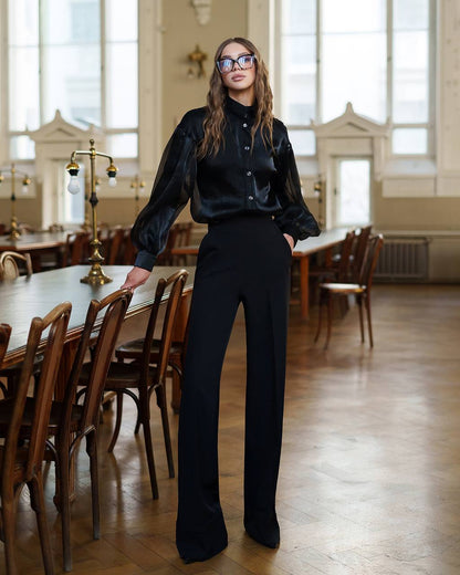 Elegant Women's Sheer Organza Blouse with Pleated Black and Smooth Milk Bases