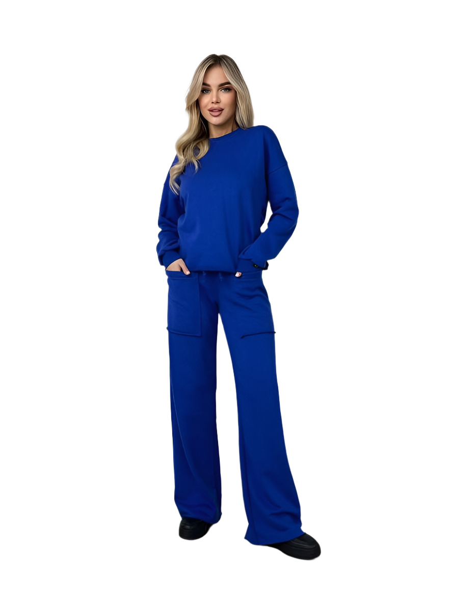 Woman wearing a blue outfit on a white background