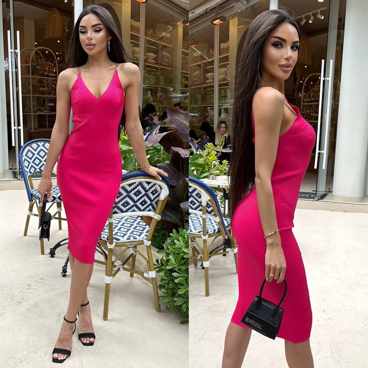 Woman in a pink dress standing outdoors with chairs and plants in the background