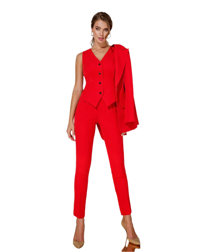 Woman wearing a red suit with a white background
