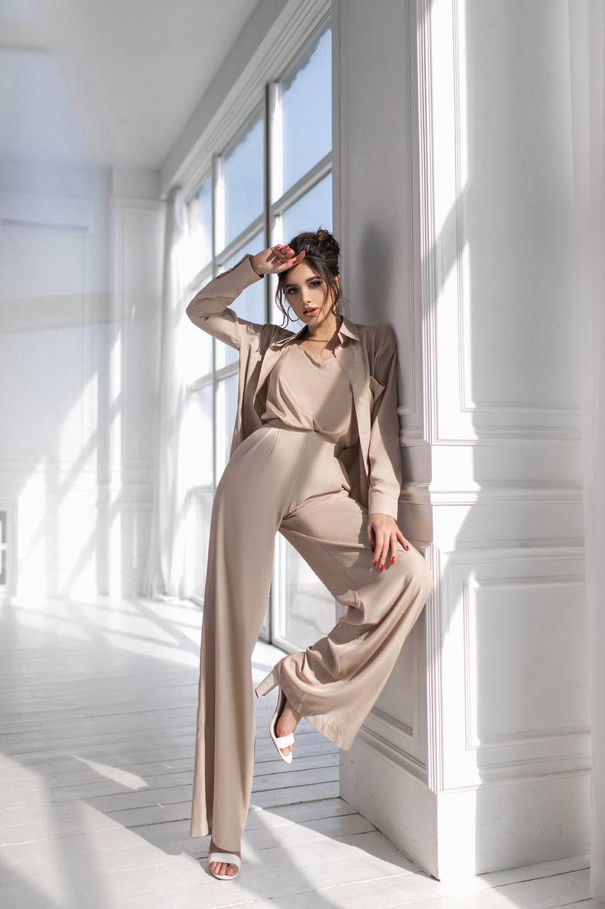 Womens Viscose Twill Suit Shirt and Elastic Waistband Pants