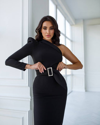 Elegant One-Shoulder Black Midi Dress with Belt