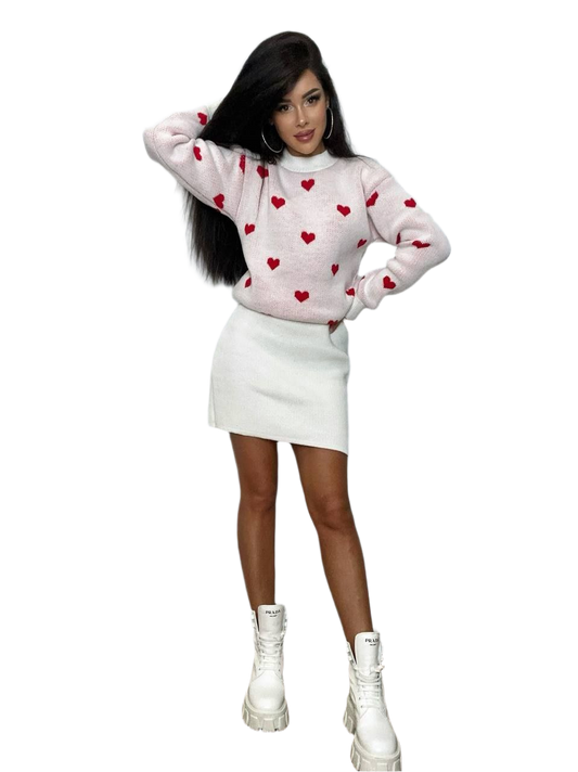 Womens Serce Knitted Suit Wool Acrylic Blend Heart Pattern Sweater and Skirt Set