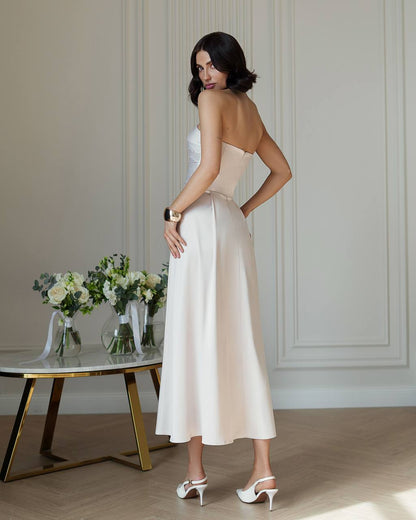 Elegant Premium Dense Satin Strapless Midi Dress for Women