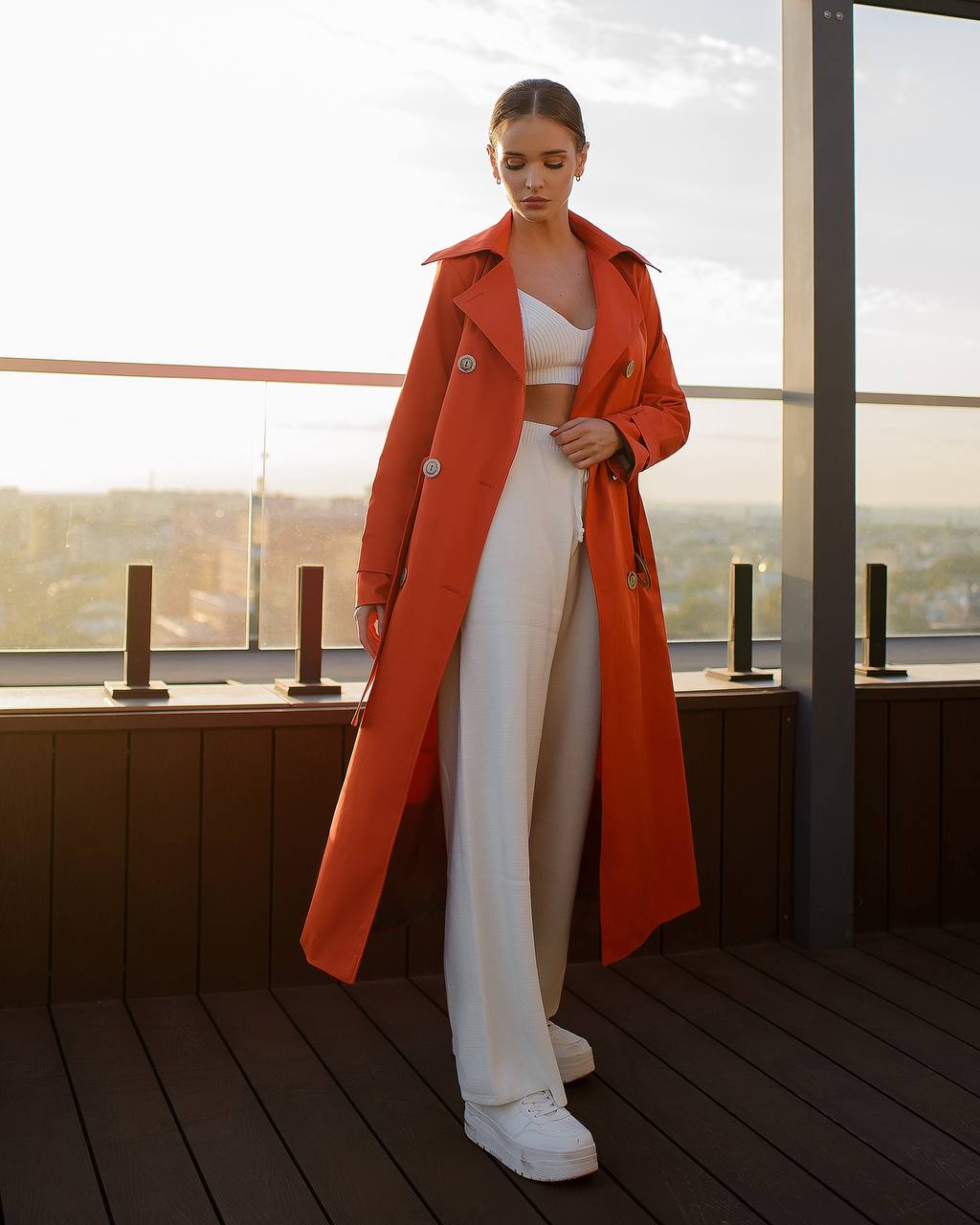 Stylish Red Trench Coat with Pockets and Belt for Women's Fashion