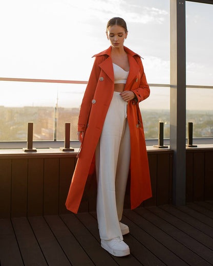 Stylish Red Trench Coat with Pockets and Belt for Women's Fashion