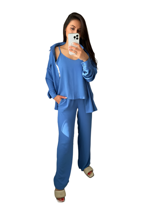 Stylish Blue Three-Piece Lounge Suit with Tank Top Pants and Shirt