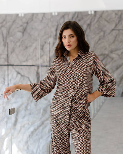 Womens Premium Printed Silk Suit Cropped Shirt and Trousers