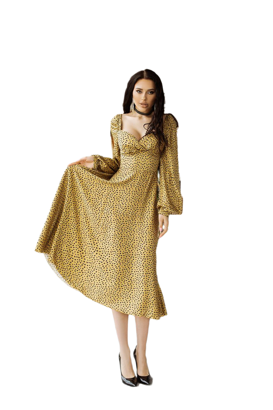 Yellow Polka Dot Long Sleeve Midi Dress for Women
