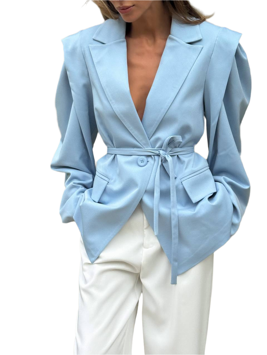 Light blue blazer worn by a person on a white background
