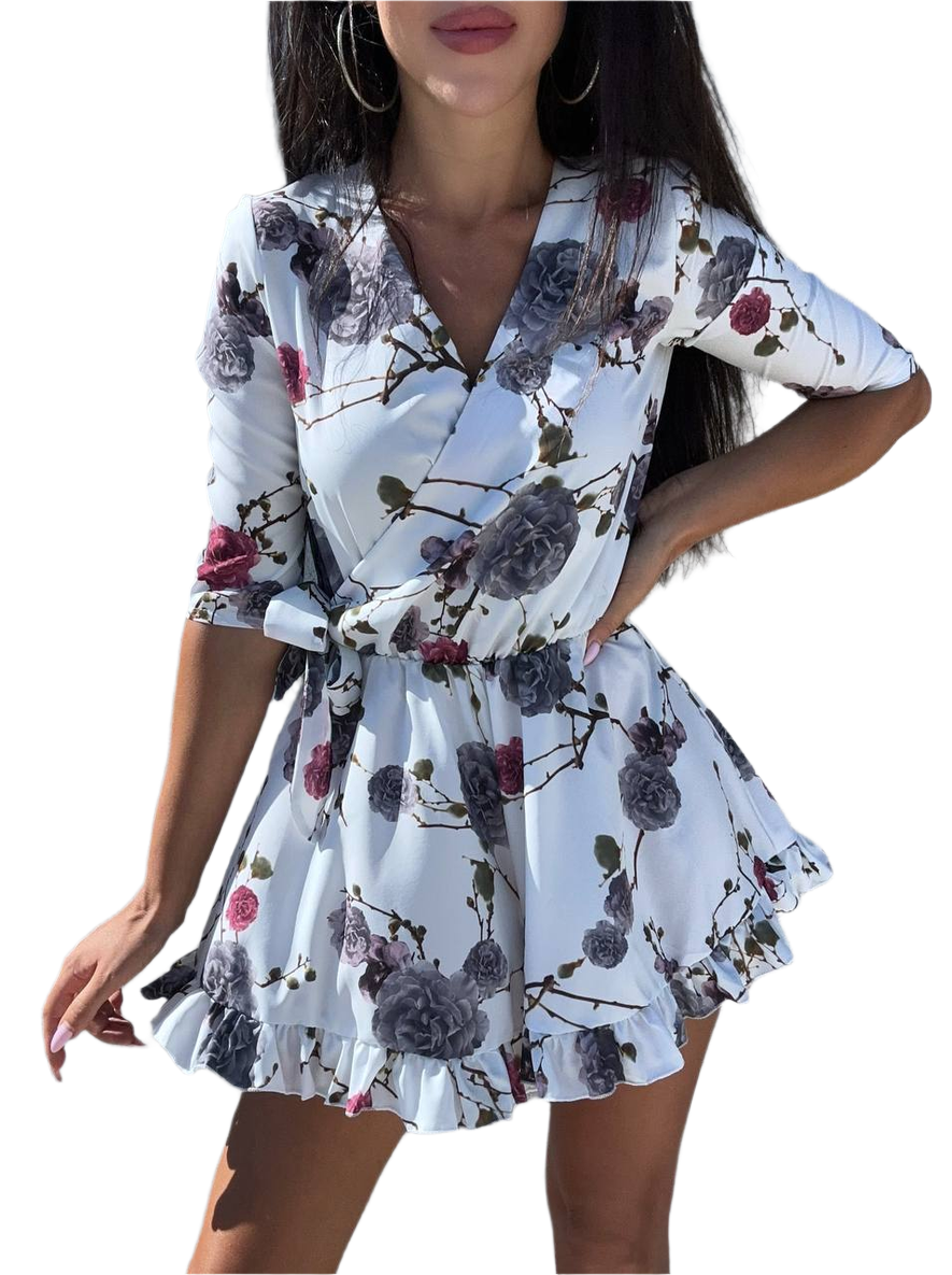 Womens Floral Breeze Jumpsuit with Ruffle Hem and Tie Waist