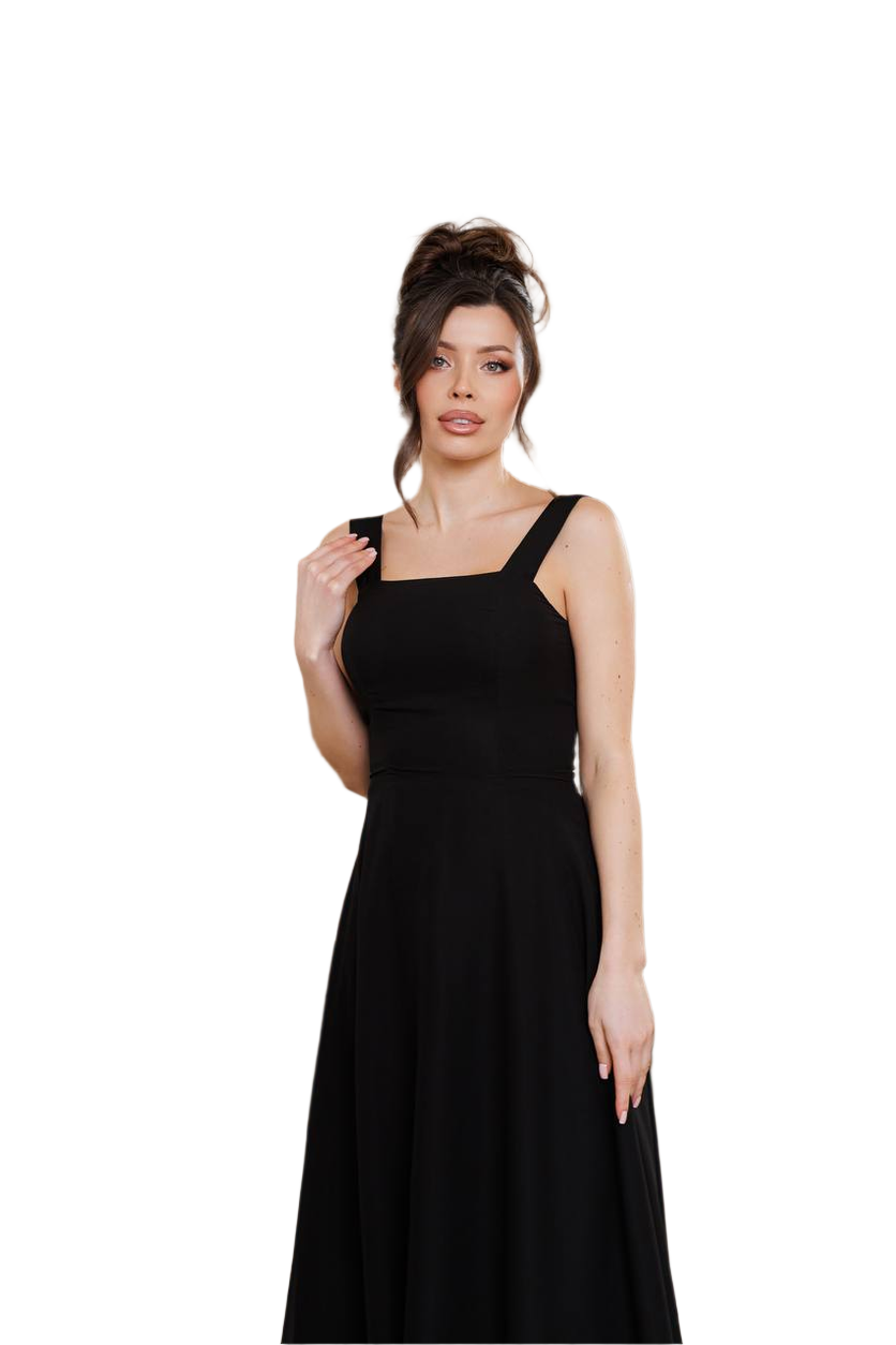 Woman wearing a black sleeveless dress on a white background
