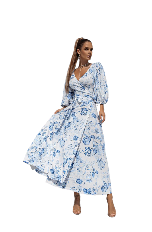 Linen Wrap Sundress with Blue Floral Print for Women