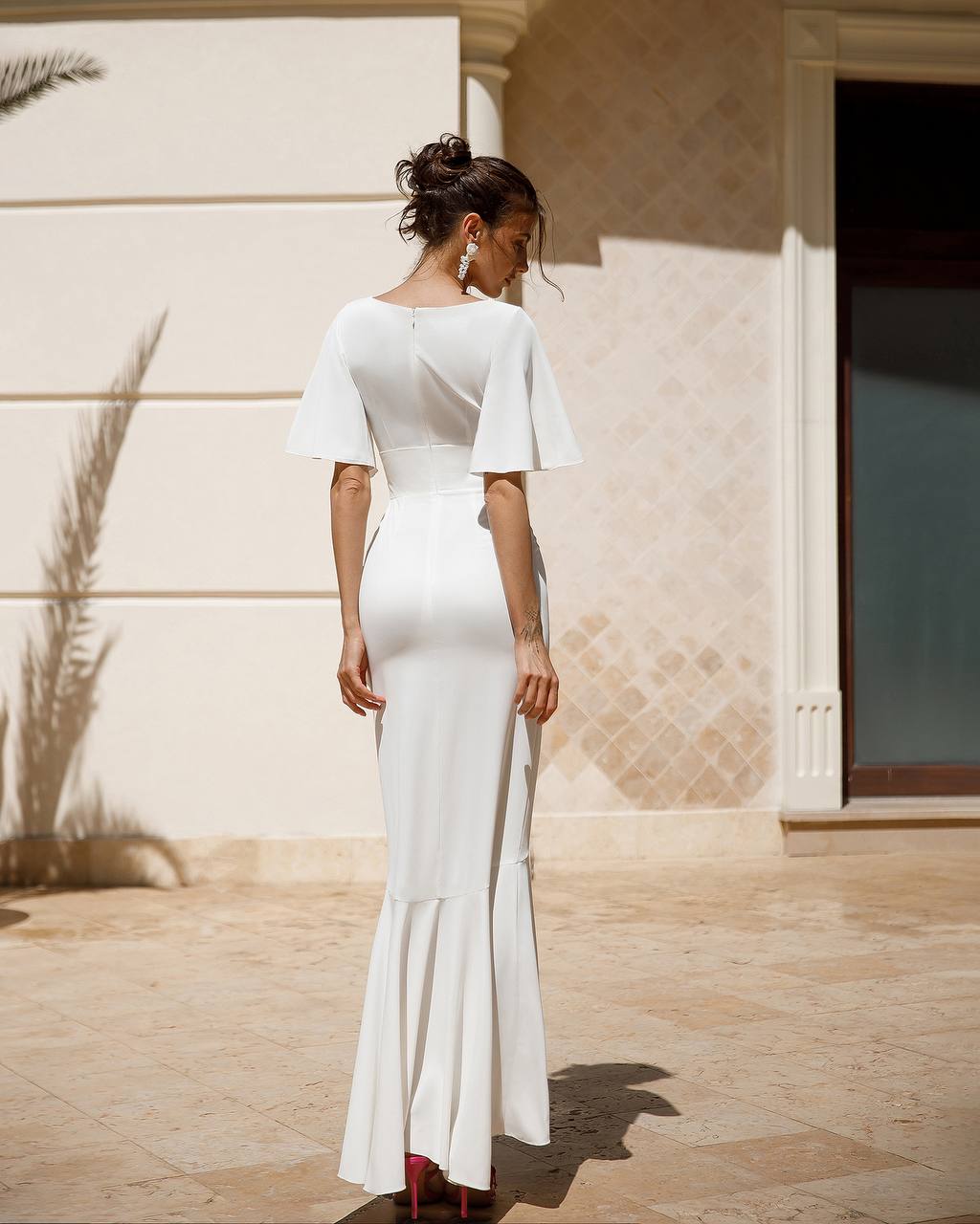 Elegant White Crepe Silk Maxi Dress with Ruffle Details