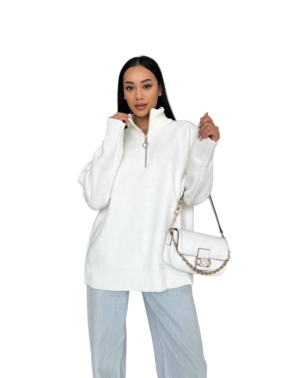 White Jacquard Knit Zip Sweater Mock Neck Wool Blend