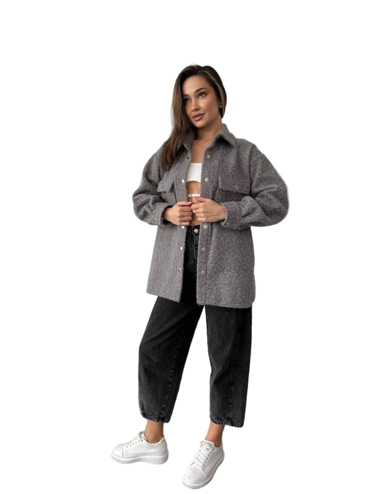 Stylish Women's Grey Bouclé Wool Shirt Jacket with Metal Buttons