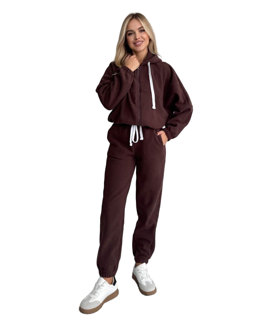 Women Brown Fleece Tracksuit Set Oversized Zipped Hoodie Joggers Double Sided Polar Fleece