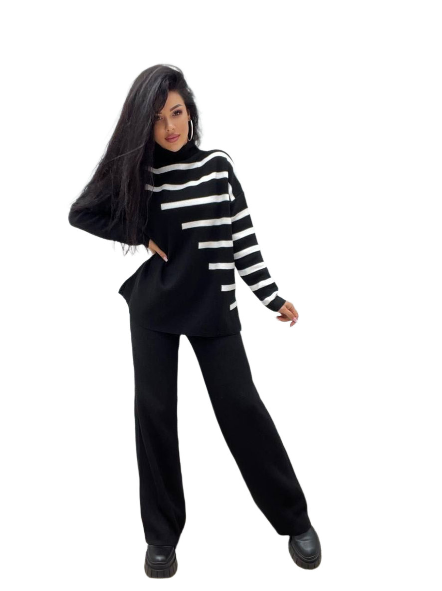 Womens Black Striped Knitted Suit Set