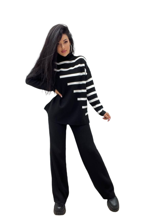 Womens Black Striped Knitted Suit Set