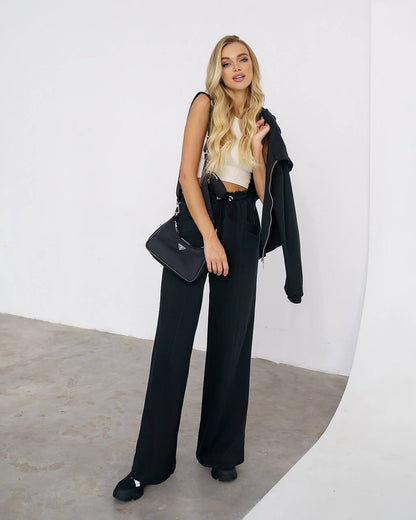 Women Black Cotton Knit Casual Wide Leg Pants