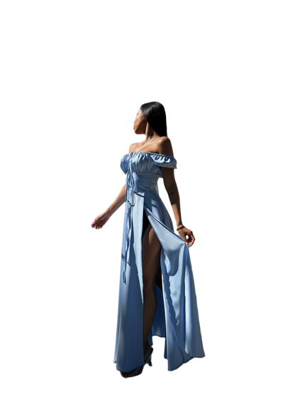 Elegant Light Blue Satin Off Shoulder Dress for Women