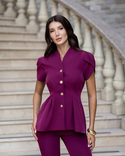 Womens Tailored Crepe Suit with Short Sleeve Jacket and Straight Leg Trousers