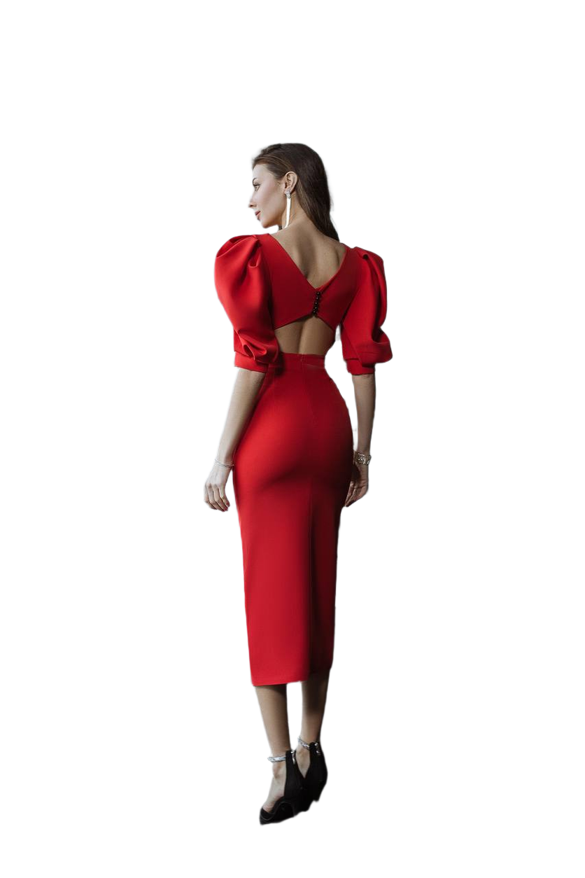 Red Midi Dress With Puff Sleeves And Slit For Women