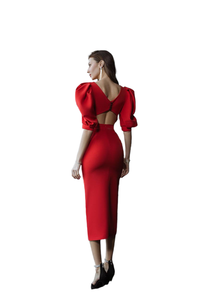Red Midi Dress With Puff Sleeves And Slit For Women