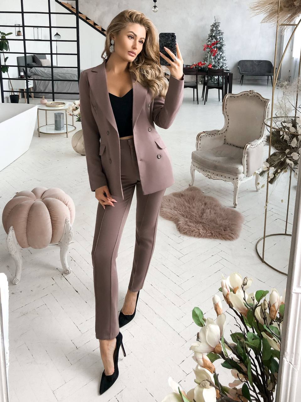Womens Tailored Suit with Double Breasted Blazer and Trousers