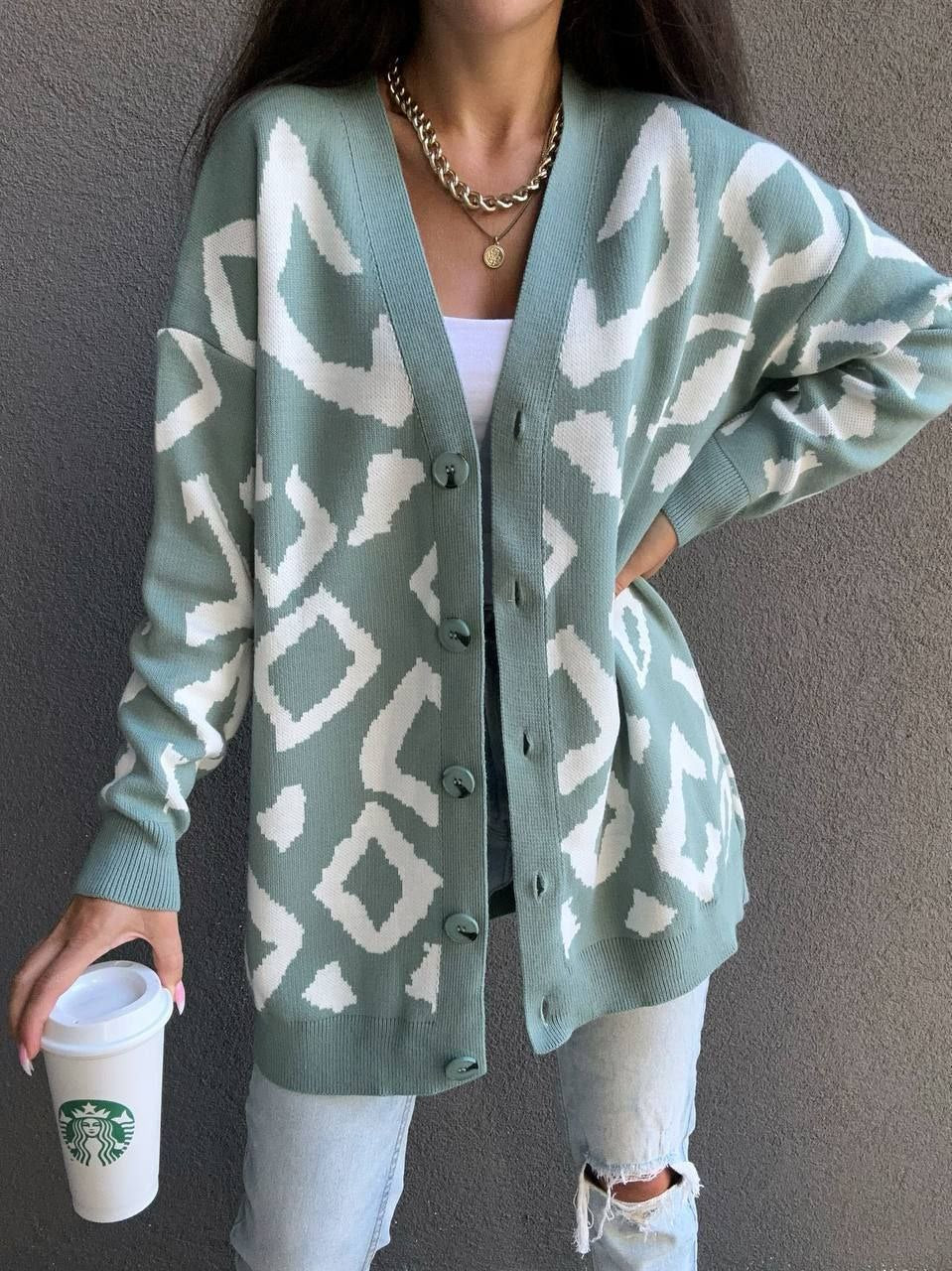 Womens Leo Cardigan Oversized Pattern Knit Sweater