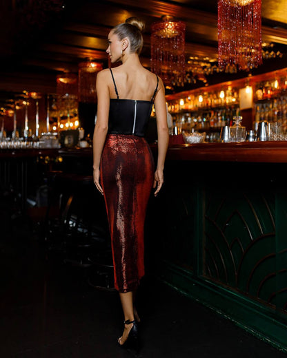 Gold and Red Bandage Knit Skirt Stylish Elegant Design for Any Event