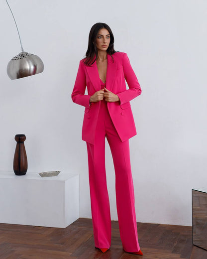 Prom Bridal Wedding Cocktail Graduation Pink Three-Piece Women Suit Jacket Top Trousers Pantsuit Palazzo Pants