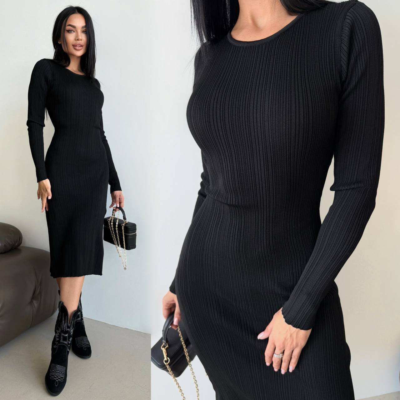 Woman wearing a black ribbed dress holding a black handbag indoors.