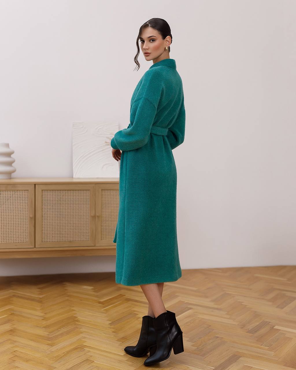 Womens Silva Fluffy Cardigan Long Sleeve Belted Coat Emerald Green