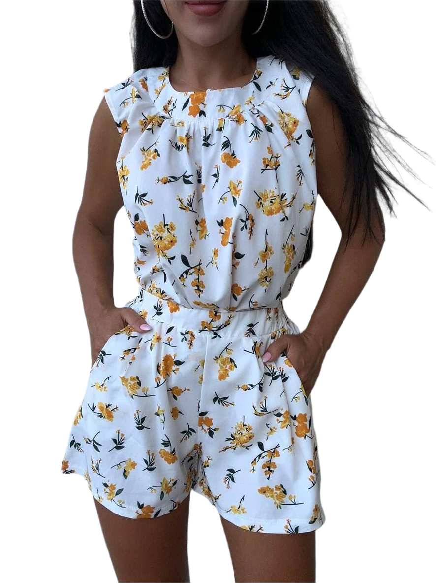 Soft Fabric Women's Floral Print Set Loose Blouse and Elastic Waist Shorts with Pockets