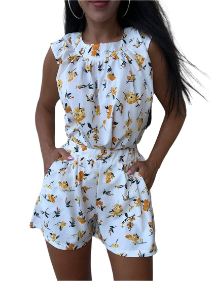 Soft Fabric Women's Floral Print Set Loose Blouse and Elastic Waist Shorts with Pockets