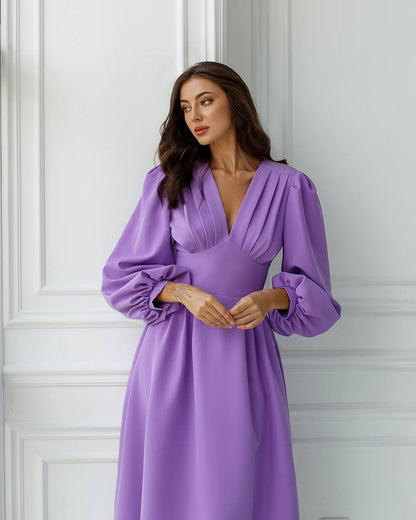 Elegant Purple Midi Dress with Pleated Bodice and Balloon Sleeves