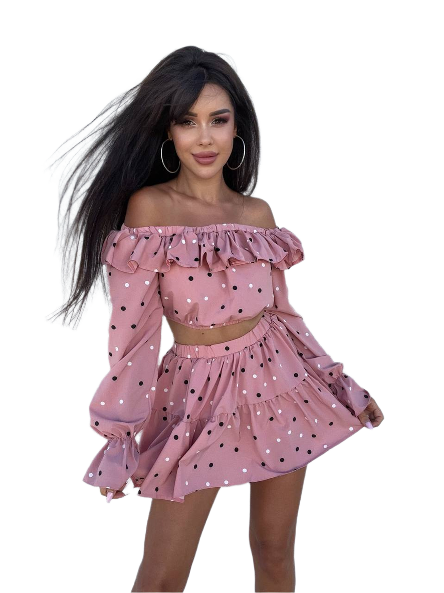 Womens Ruffle Polka Dot Suit Top and Skirt-Shorts Set